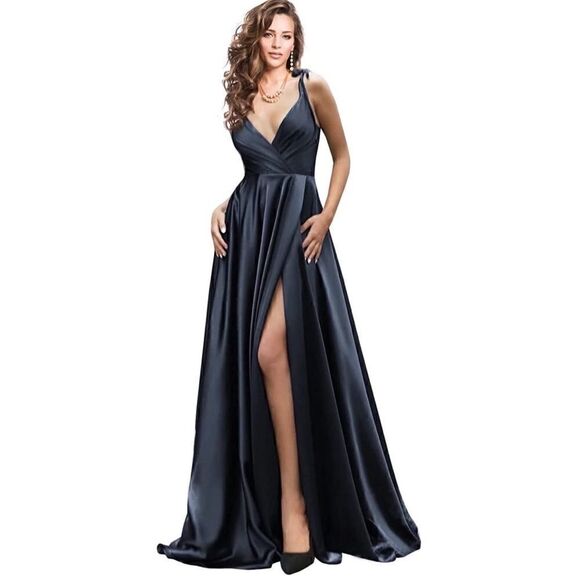 V Neck Prom Dresses Slit Long Spaghetti Straps Formal Evening Ball Gown Pockets - Picture 1 of 6